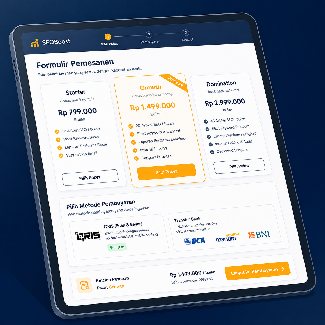 Form checkout pemilihan paket AutoArtikel