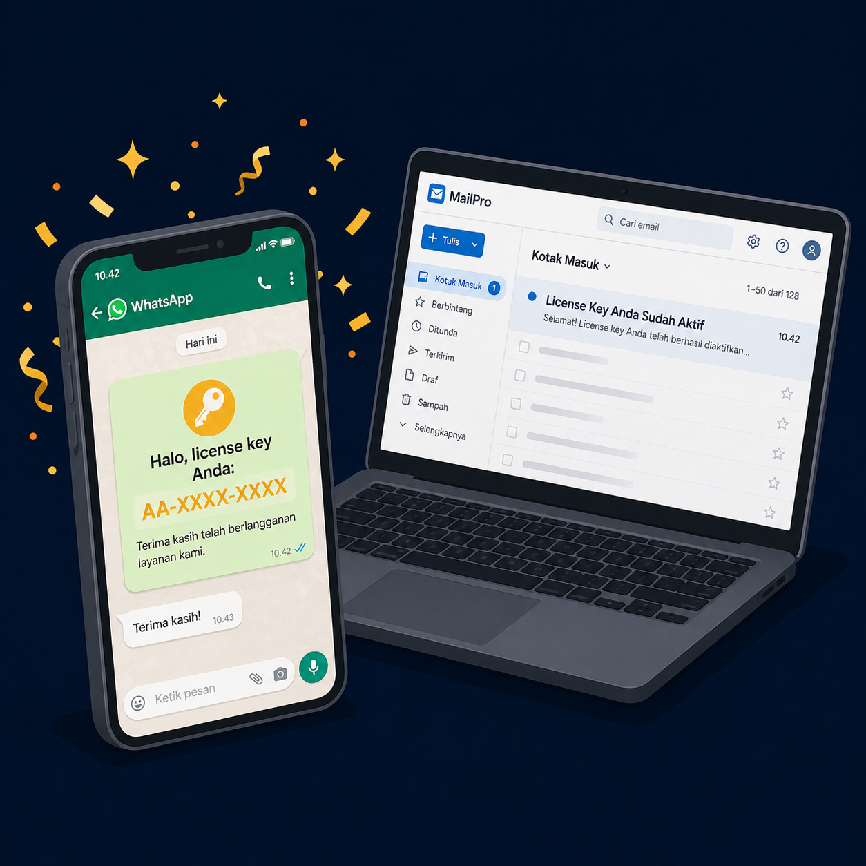 Notifikasi WhatsApp dan email license key AutoArtikel diterima