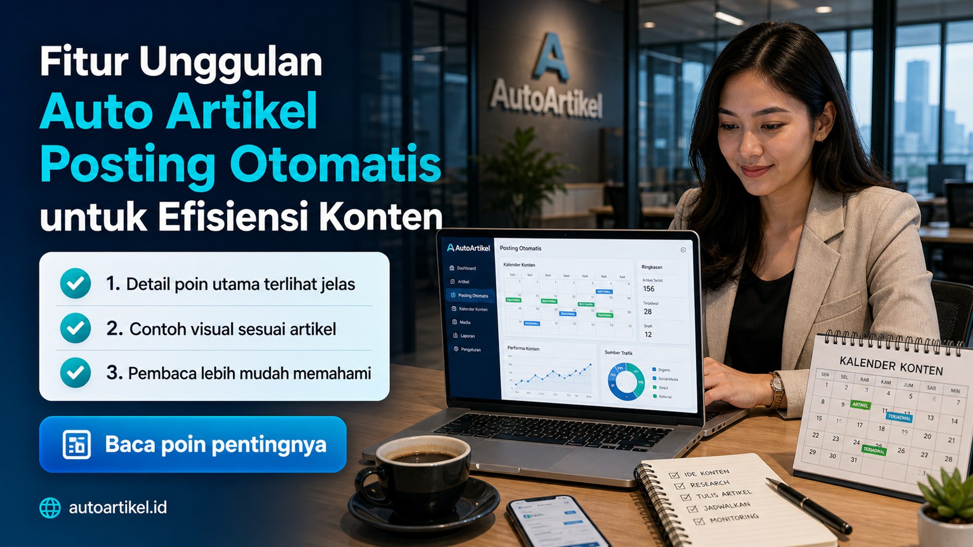 Ilustrasi Fitur Unggulan Auto Artikel Posting Otomatis untuk Efisiensi Konten