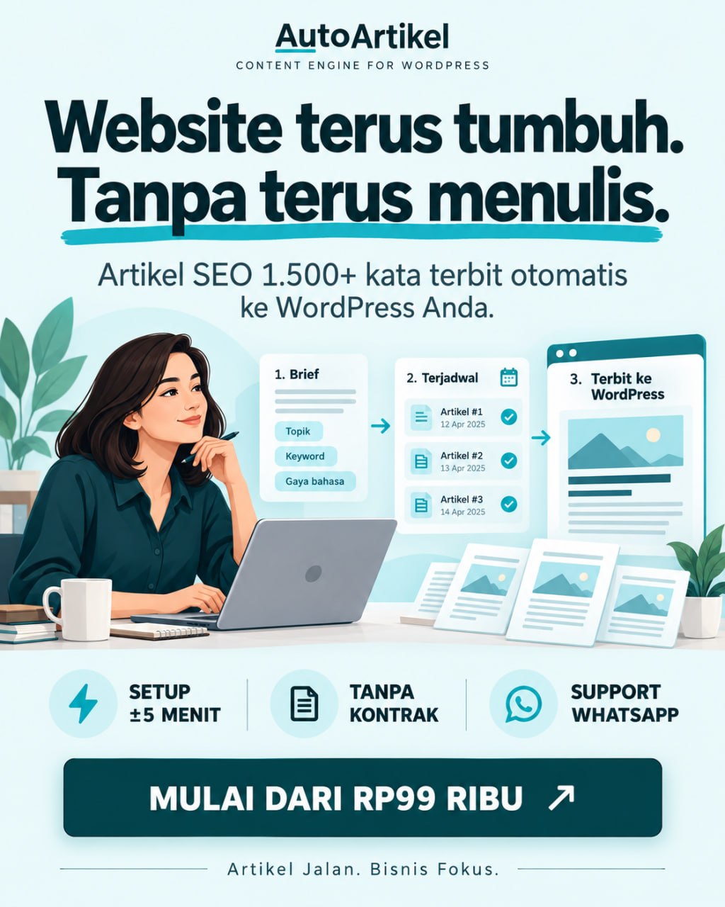 Pemilik bisnis bekerja dengan laptop; alur AutoArtikel dari brief, penjadwalan, hingga artikel terbit ke WordPress.